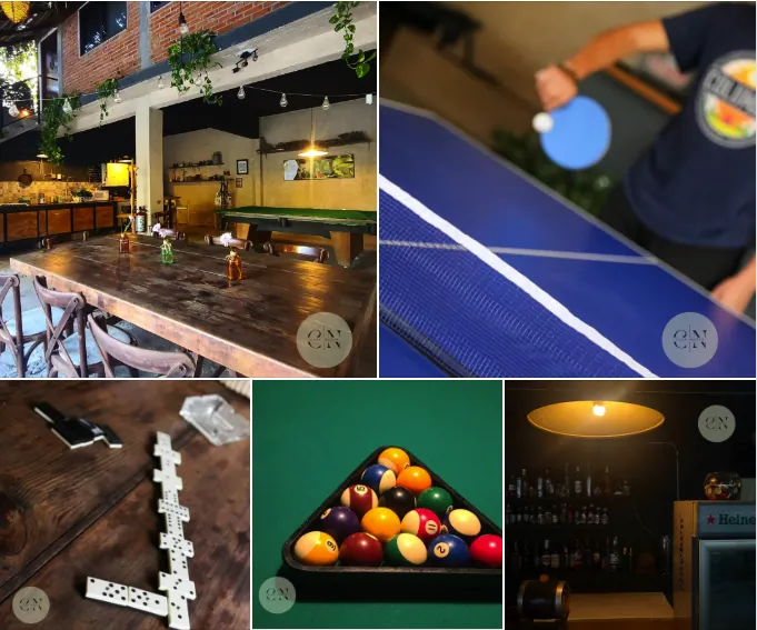 Palapa con mesa de ping pong, billar, dominó y bar